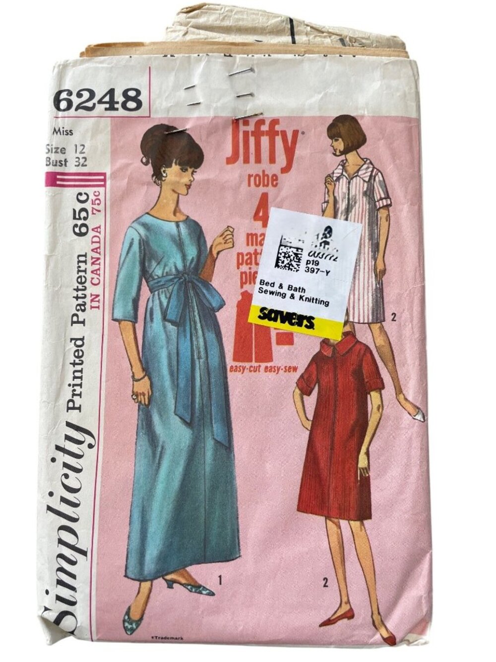 Vintage 60s Simplicity 6248 Sewing Pattern Size 12 Misses Jiffy Robe Retro CUT